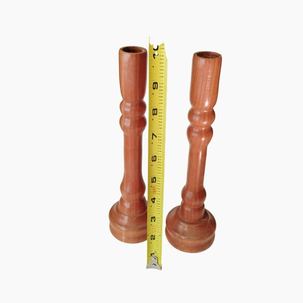 Vintage Wooden Candlesticks, Pair of Turned Wood Taper Holders 10" MCM 70s Hygge - Picture 3 of 3